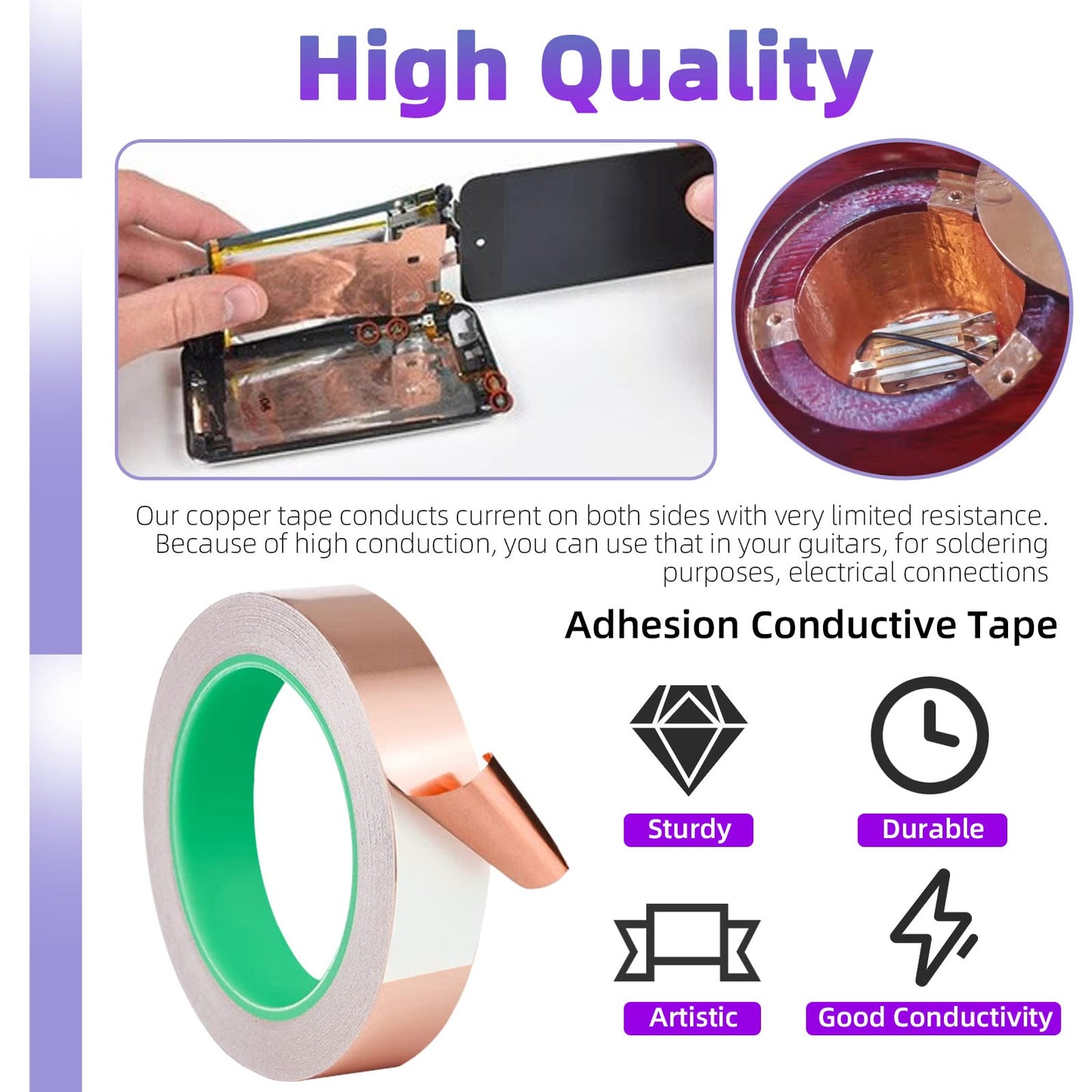 Swpeet 3 Roll 3 Size Copper Foil Tape Set, 1/2 Inch x 66 FT, 1Inch x 66 FT, 2inch x 33 FT Double Sided Conductive Copper Foil Adhesive Tape for Guitar Shielding Electrical Repairs Grounding Soldering