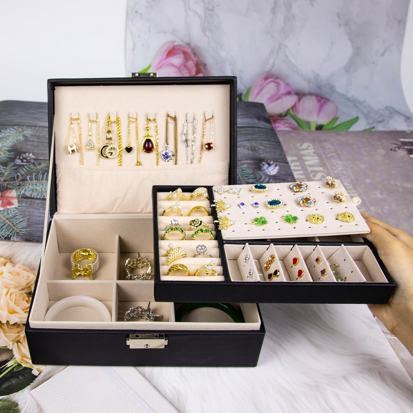 SYCARON Jewelry Organizer Box for Women and Girls, 2 Layer Jewelry Storage Case PU Leather Soft Lining with Lock for Rings Earrings Necklace Bracelets, Gift for Women, Black