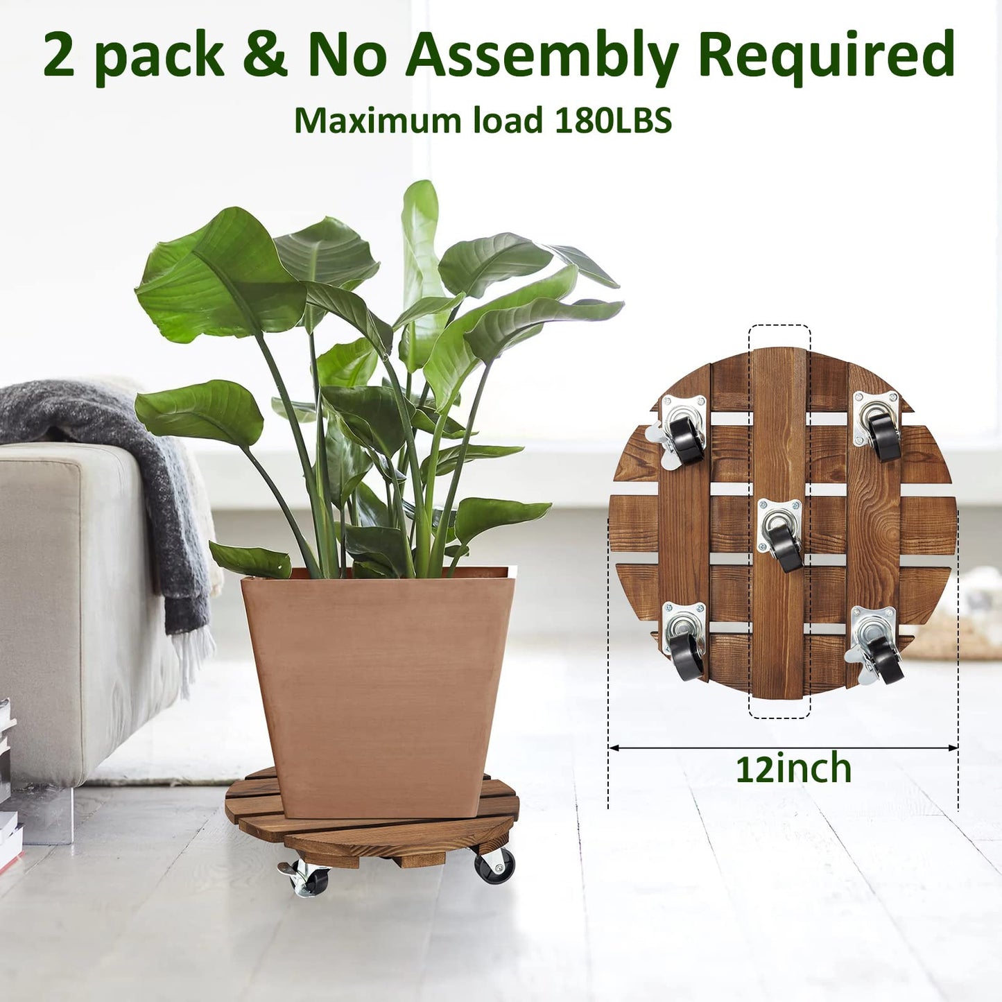 Yangbaga 2pack Plant Caddy 11??Wood Duty Round Plant Roller with 2 360° Lockable Caster Wheels,Indoor Outdoor on Roller Patio/Flower Pot/Succulent Pots