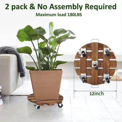 Yangbaga 2pack Plant Caddy 11??Wood Duty Round Plant Roller with 2 360° Lockable Caster Wheels,Indoor Outdoor on Roller Patio/Flower Pot/Succulent Pots