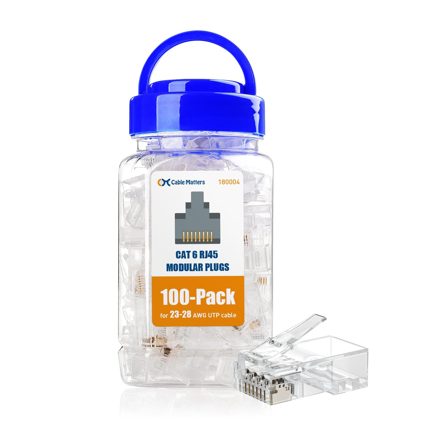 Cable Matters 100-Pack CAT6 RJ45 Modular Plugs (RJ45 Connectors / Cat6 Connector / Cat6 RJ45 Ends / RJ45 Plugs) for Solid or Stranded UTP Cable