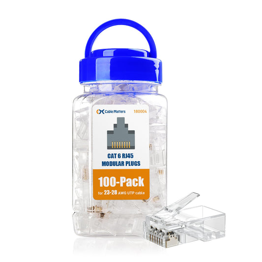 Cable Matters 100-Pack CAT6 RJ45 Modular Plugs (RJ45 Connectors / Cat6 Connector / Cat6 RJ45 Ends / RJ45 Plugs) for Solid or Stranded UTP Cable