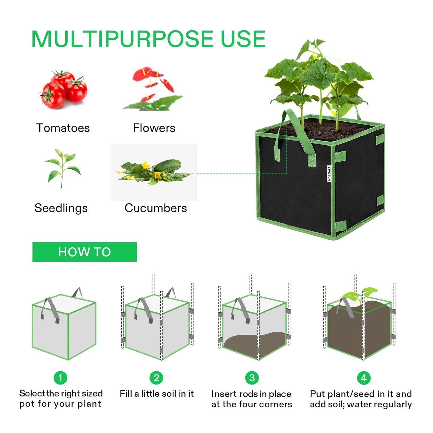 VIVOSUN 5 Pack 5 Gallon Square Grow Bags, Thick Fabric Bags with Handles