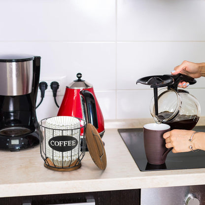 yarlung Coffee Pod Holder with Lid, Large Capacity K Cup Holder with Rustic Wooden Base, Black Wire Coffee Storage Basket for Kitchen Countertop, Cafe Bar Organizer