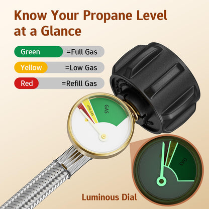 Rushare 15 Inch RV Propane Hose with Gauge, Stainless Steel Braided Camper Propane Hose with 1/4" Male NPT, for Standard 2-Stage Regulator, 2-Pack