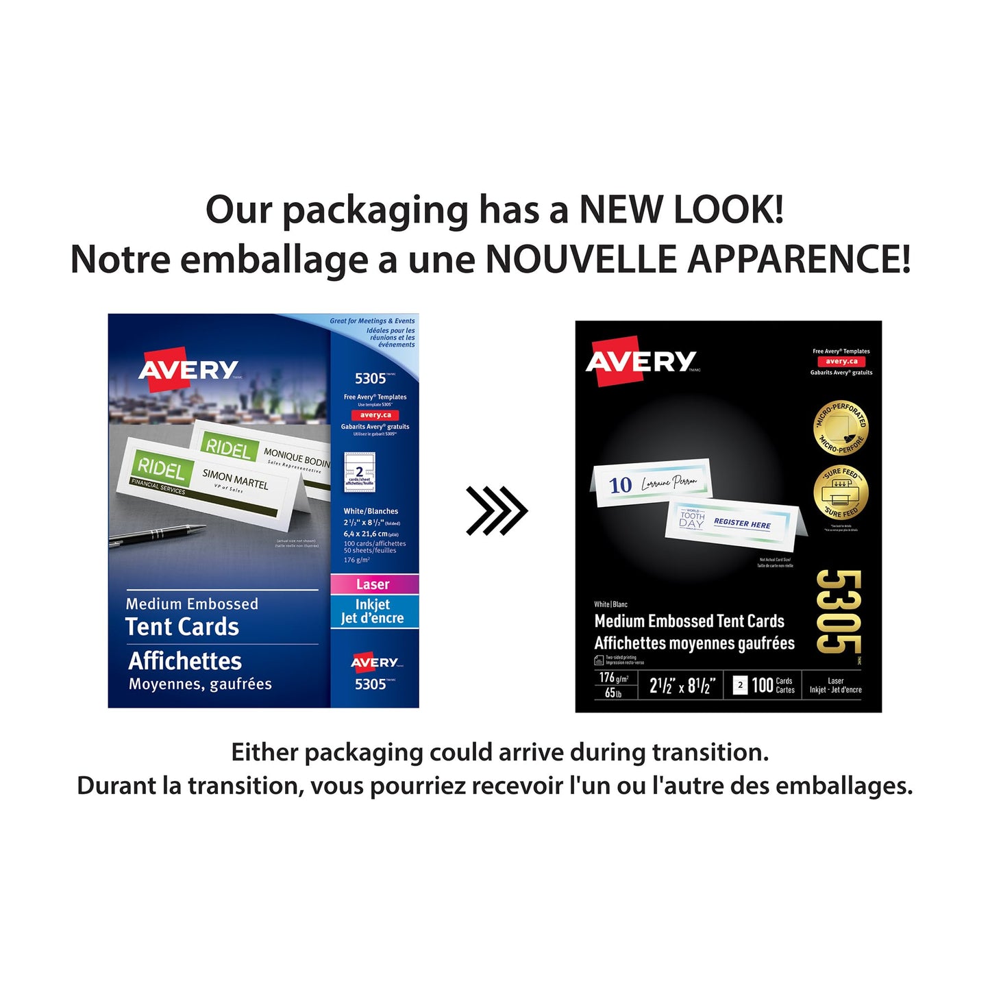 Avery Printable Medium Embossed Tent Cards with Micro-Perforated and Surefeed Technology, 2.5" x 8.5", Double Sided Printing, Matte White Cardstock, for Laser/Inkjet Printer, 100 Blank Cards, (5305)