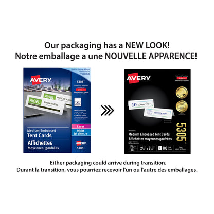 Avery Printable Medium Embossed Tent Cards with Micro-Perforated and Surefeed Technology, 2.5" x 8.5", Double Sided Printing, Matte White Cardstock, for Laser/Inkjet Printer, 100 Blank Cards, (5305)