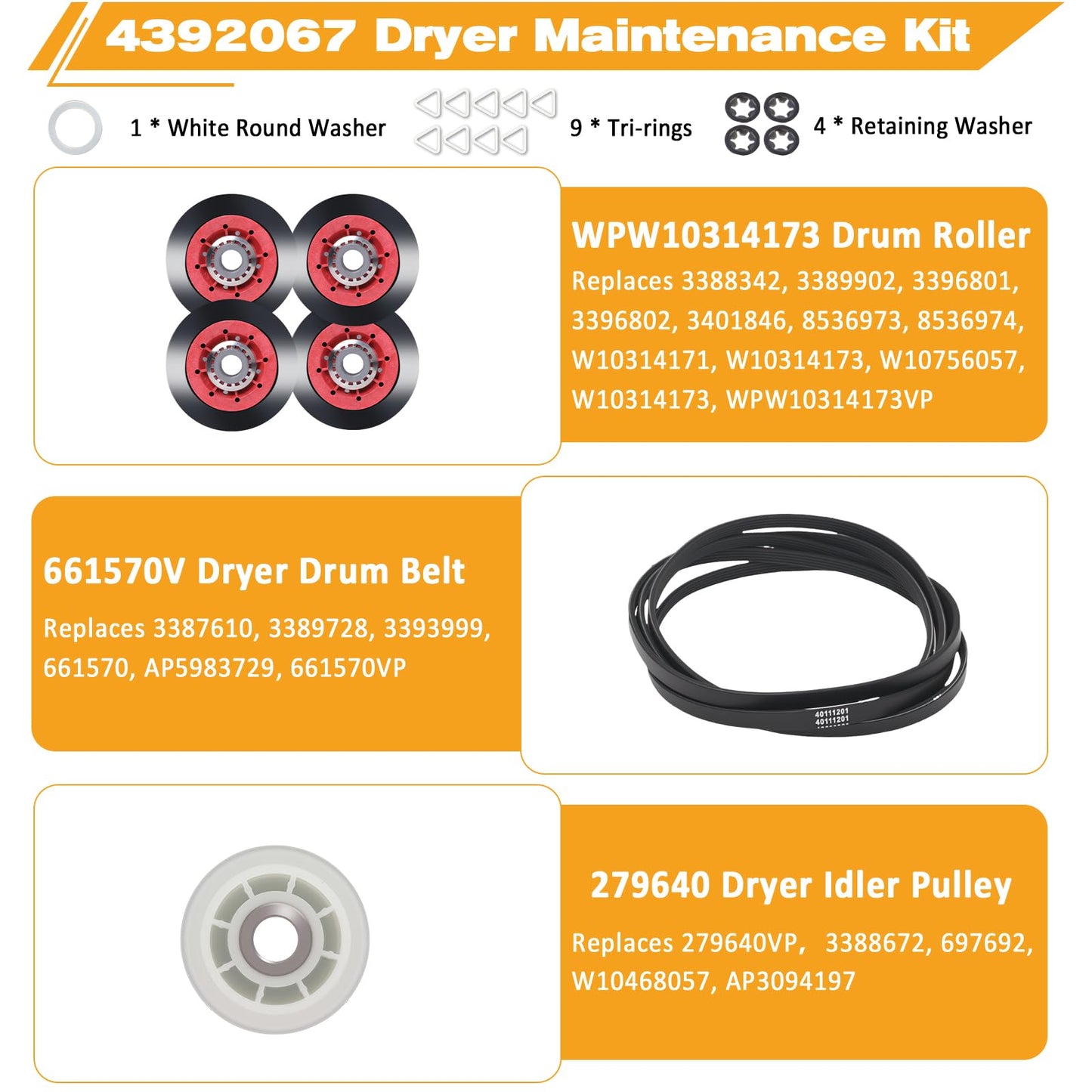4392067 Dryer Repair Kit Compatible with Whirlpool Maytag Kenmore, Replaces 4392067VP PS373088 AP3109602, 27 Inch Dryer Repair Kits Include 279640 Idler Pulley W10314173 Drum Roller 661570 Belt