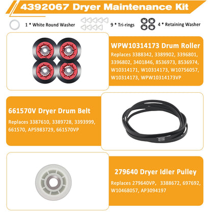 4392067 Dryer Repair Kit Compatible with Whirlpool Maytag Kenmore, Replaces 4392067VP PS373088 AP3109602, 27 Inch Dryer Repair Kits Include 279640 Idler Pulley W10314173 Drum Roller 661570 Belt