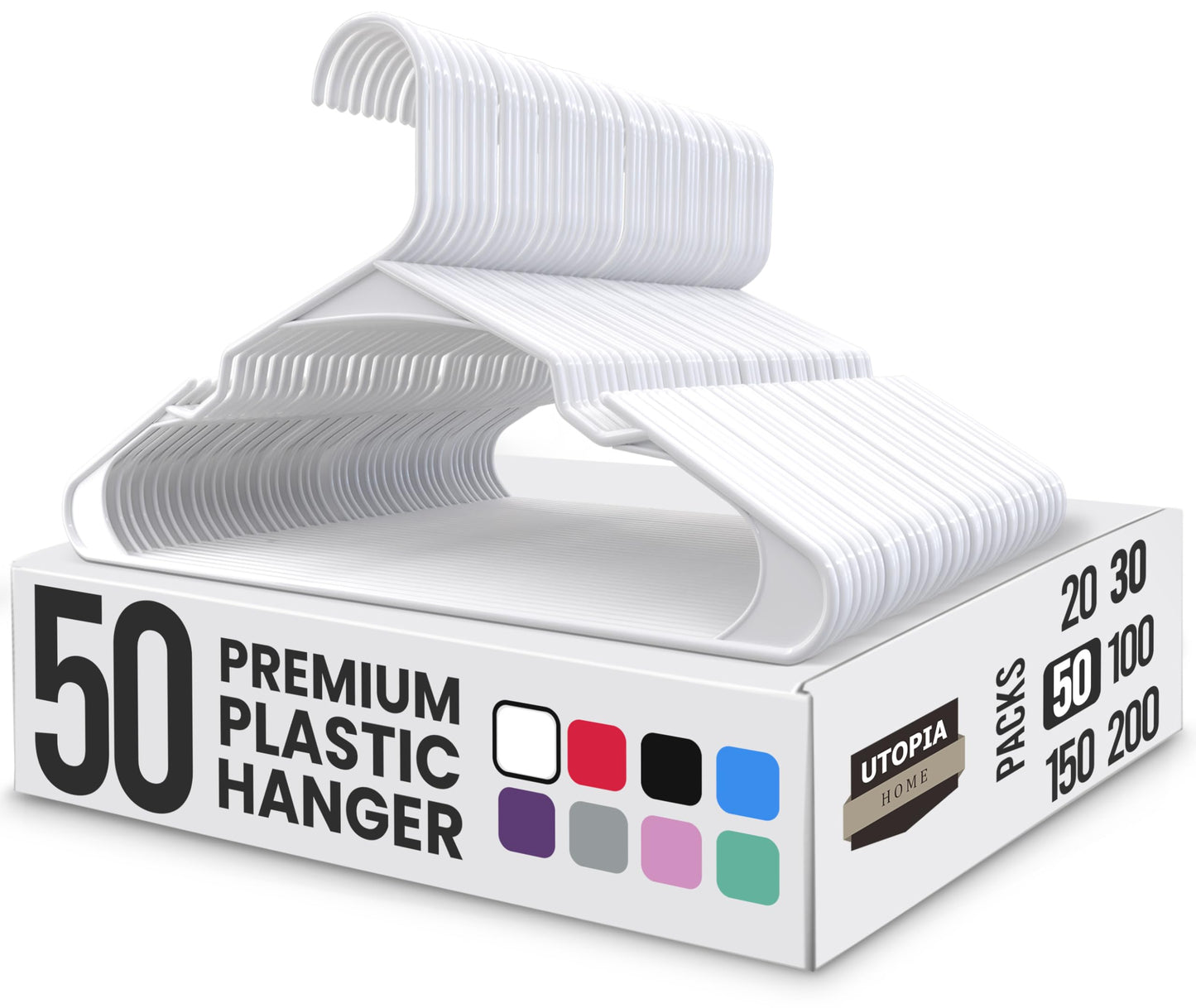 Utopia Home White Plastic Hangers 50 Pack - Clothes Hangers for Coat, Shirts,Trouser Suit - Space Saving Durable and Slim with Shoulder Grooves