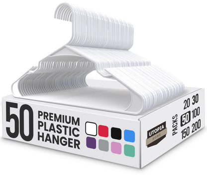 Utopia Home White Plastic Hangers 50 Pack - Clothes Hangers for Coat, Shirts,Trouser Suit - Space Saving Durable and Slim with Shoulder Grooves