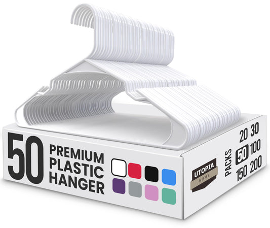 Utopia Home White Plastic Hangers 50 Pack - Clothes Hangers for Coat, Shirts,Trouser Suit - Space Saving Durable and Slim with Shoulder Grooves