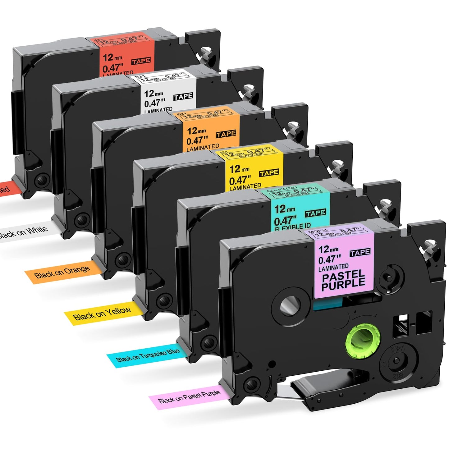 6 Pack Label Maker Tape 12mm Compatible with Brother P Touch D210 D220 D410 H100 H111 H200BP P700 P710BT P750W D610BT, Compatible with Tze Tz Tape 12mm Purple/Turquoise Blue/Orange/Yellow/Red/White