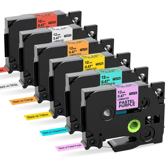 6 Pack Label Maker Tape 12mm Compatible with Brother P Touch D210 D220 D410 H100 H111 H200BP P700 P710BT P750W D610BT, Compatible with Tze Tz Tape 12mm Purple/Turquoise Blue/Orange/Yellow/Red/White