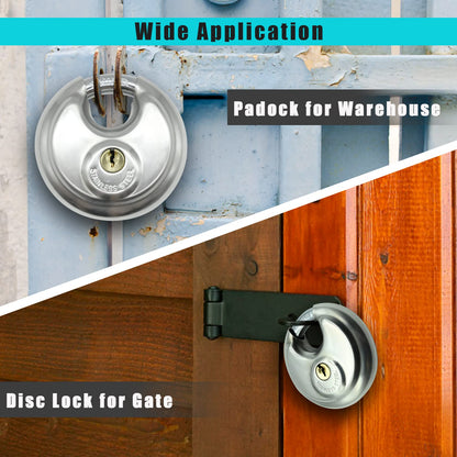 2Pack Padlocks Keyed Alike, 2-3/4"(70mm) Disc Locks for Storage Unit, Stainless Steel Locks with 4 Keys, Outdoor Waterproof Storage Lock for Storage Locker, Shed, Gate, Fence, Warehouse