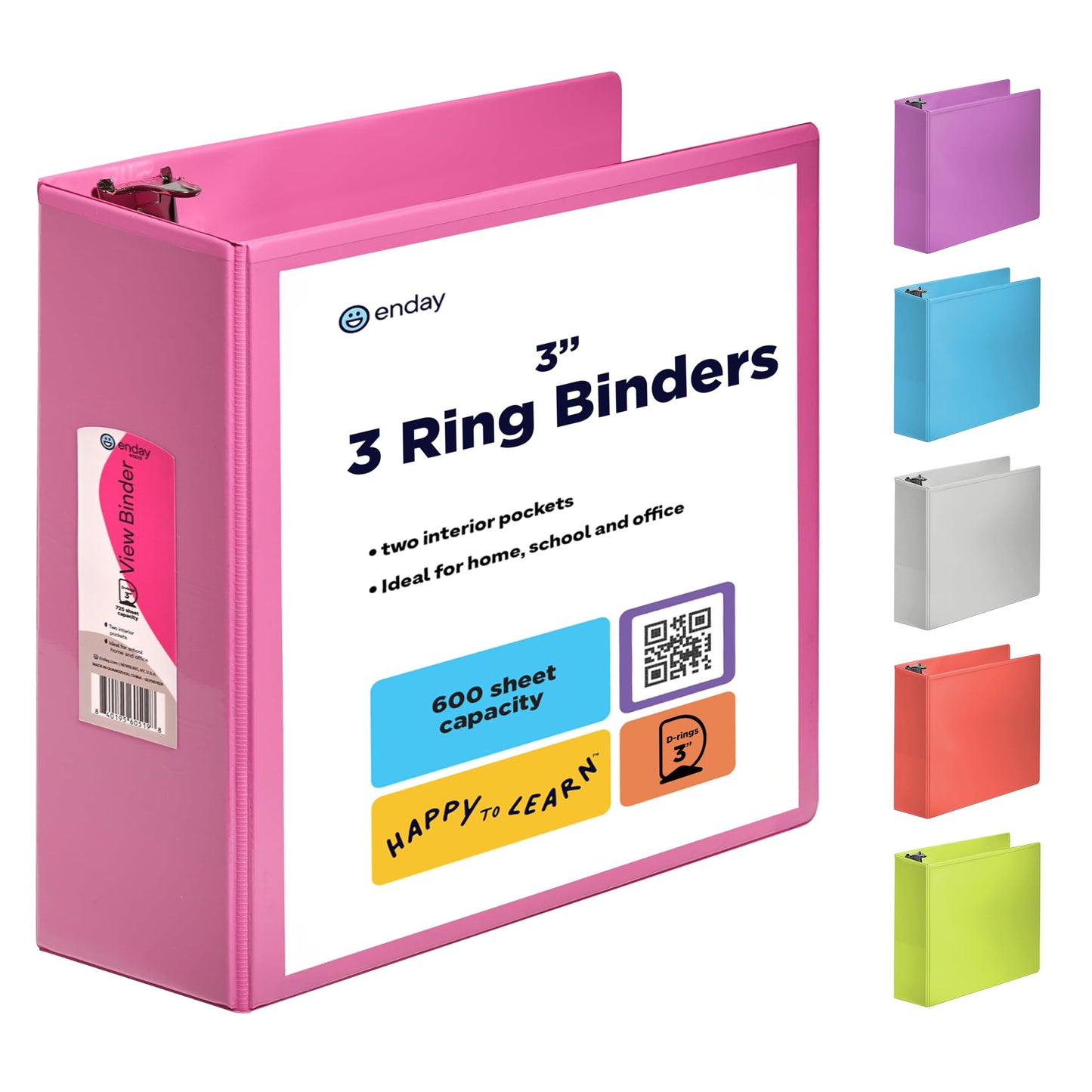 3 Inch Binder 3 Ring Binders Pink, Slant D-Ring 3” Clear View Cover with 2 Inside Pockets, Heavy Duty Colored School Supplies Office and Home Binders – by Enday