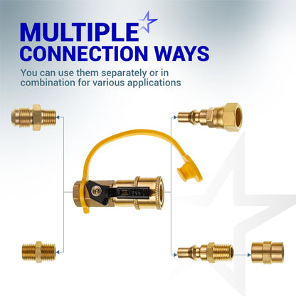 [100% Solid Brass] BlueStars 1/4" RV Propane Quick Connect Fittings Kit - Natural Gas Quick Connect Disconnect Kit, 1/4" Male NPT & 3/8" Male Flare - for Gas Heater Grill Fire Pit, RV Quick Connect