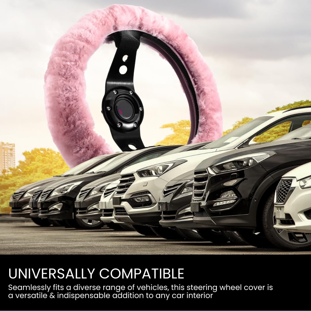 Andalus Brands Fluffy Wool Sheepskin Steering Wheel Cover, Soft & Fuzzy Plush, Universal Fit 14 1/2-15 1/2 Inch, Anti-Slip, Comfortable & Luxurious (Pink)