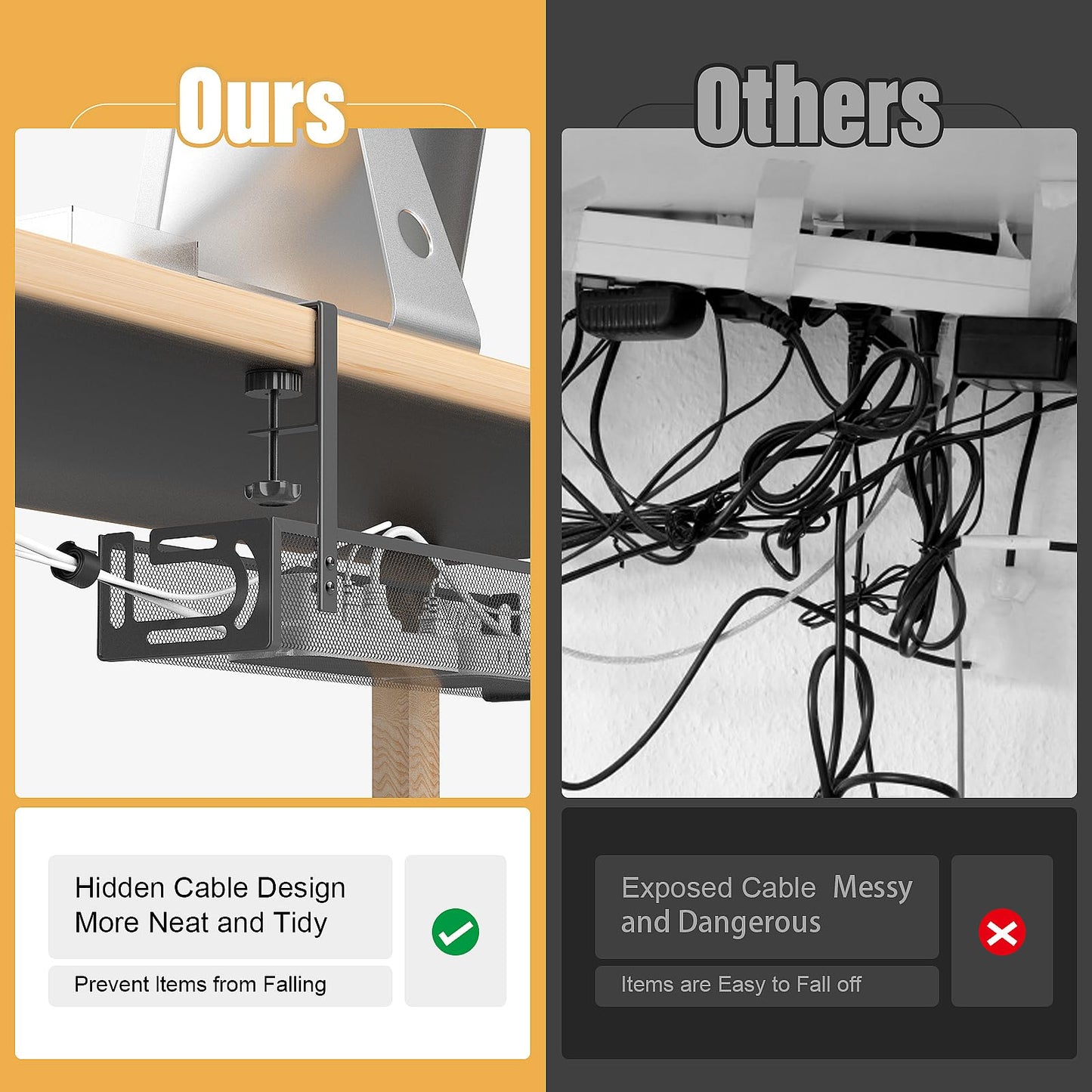 Under Desk Cable Management Tray No Drill, Metal Mesh Cable Tray with Clamp for Desk Wire Management, Desk Cable Management Box and Cord Organizer for Office, Home