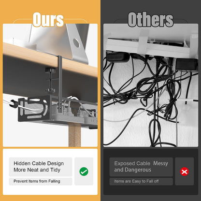 Under Desk Cable Management Tray No Drill, Metal Mesh Cable Tray with Clamp for Desk Wire Management, Desk Cable Management Box and Cord Organizer for Office, Home