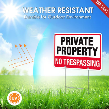 T&R No Trespassing Sign Private Property Sign with H Stake for Outside,3 Pack,12"x8" .040 Rust Free Heavy Aluminum, Waterproof,Includes Matching Screws & Wrench, Easy to Mount