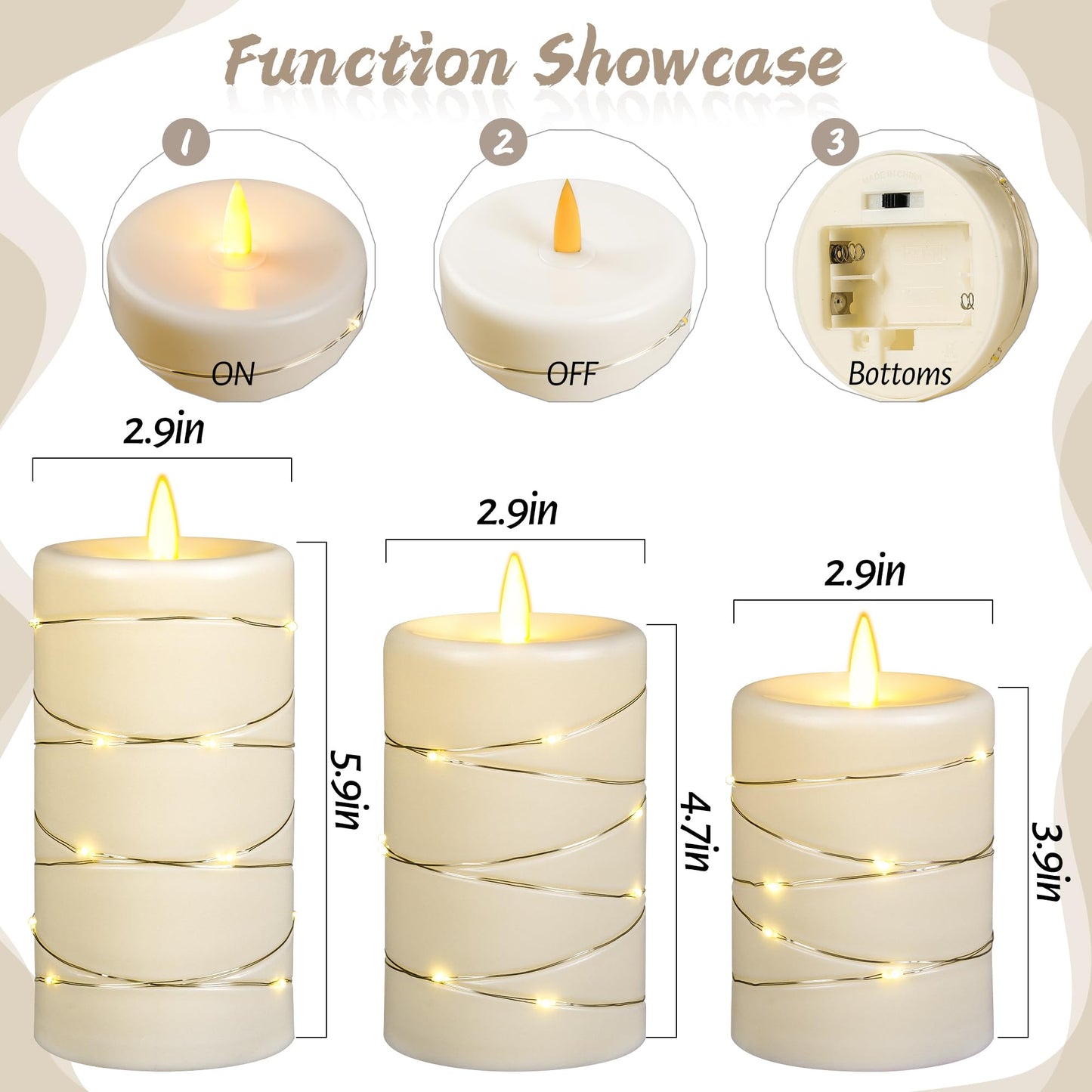 3 Pack Ivory Flameless Taper Candles, Upgraded Realistic Flame Wick LED Candles with Surrounding Copper String Lights, Remote Control Battery Operated Flickering Candles for Home Wedding Holiday Decor