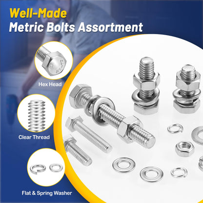 602PCS Metric Nuts and Bolts Assortment Kit - Heavy Duty M4 M5 M6 Stainless Steel Screws Assortment, Assorted Machine Screw Set with Flat & Spring Washers, Hex Head Cap Screws Bolts and Nuts Kit