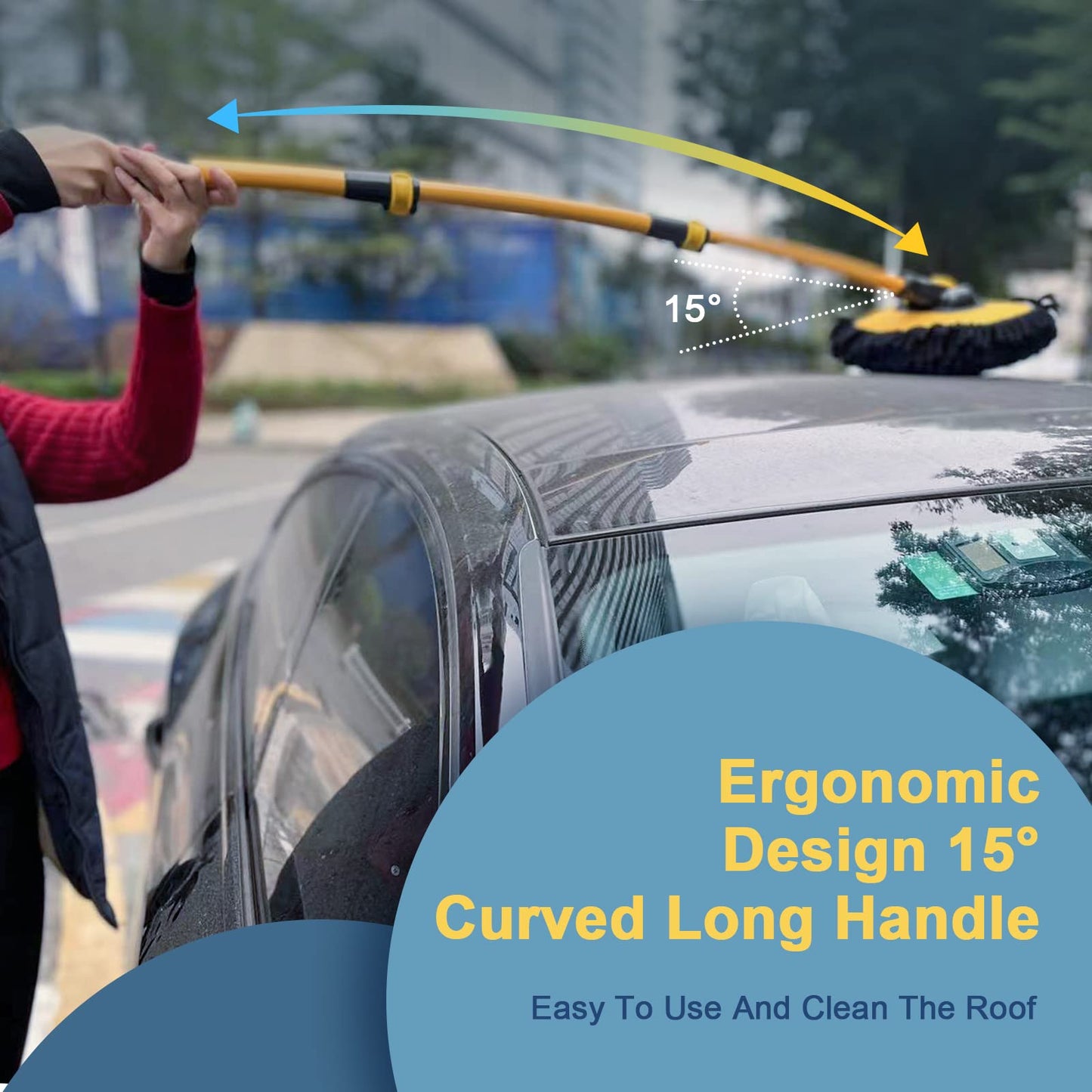 YeewayVeh Car Wash Brush with Long Handle, Car Wash Mop with Replaceable Microfiber Cover, Microfiber Cleaning Supplies with 15° Curved Extension Pole Washing Kit for RV Truck Camper, Yellow