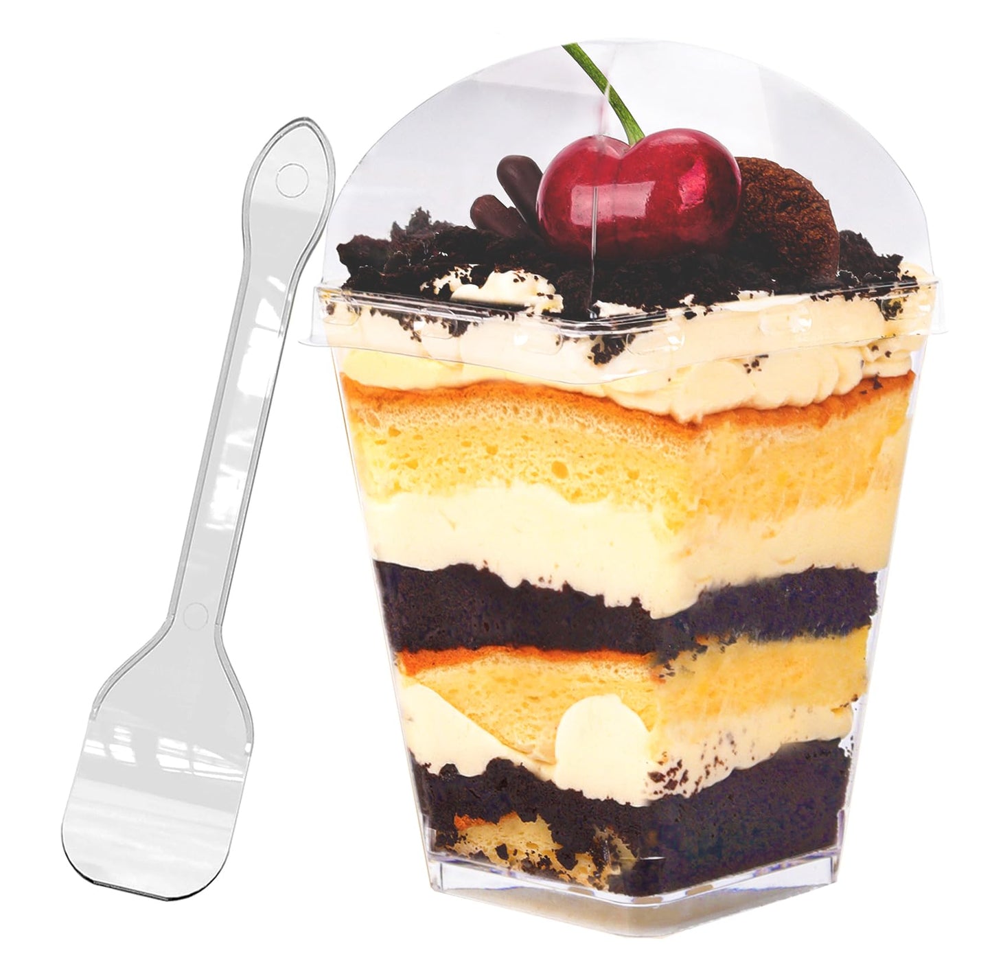 YunKo 5oz Square Clear Plastic Dessert Cups with Lids and Spoons,Mini Parfait Cups for Yogurt, Jello, Mousse,and Snacks,vasos para postres con tapa, 50 Pack