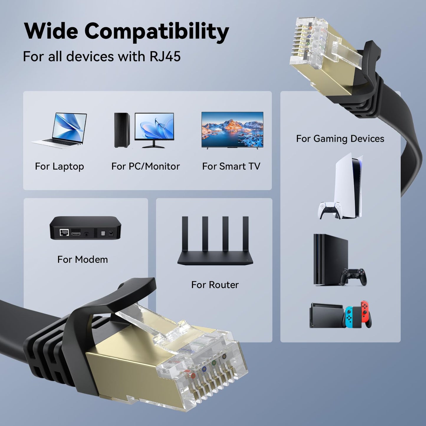 Cat 8 Ethernet Cable 50 FT, BUSOHE 40Gbps 2000MHz Cat8 High Speed Flat Internet Network Patch Cord, SFTP Shielded LAN Wire with Gold Plated RJ45 Connector, with Clips, for Outdoor Indoor- 50FT Black