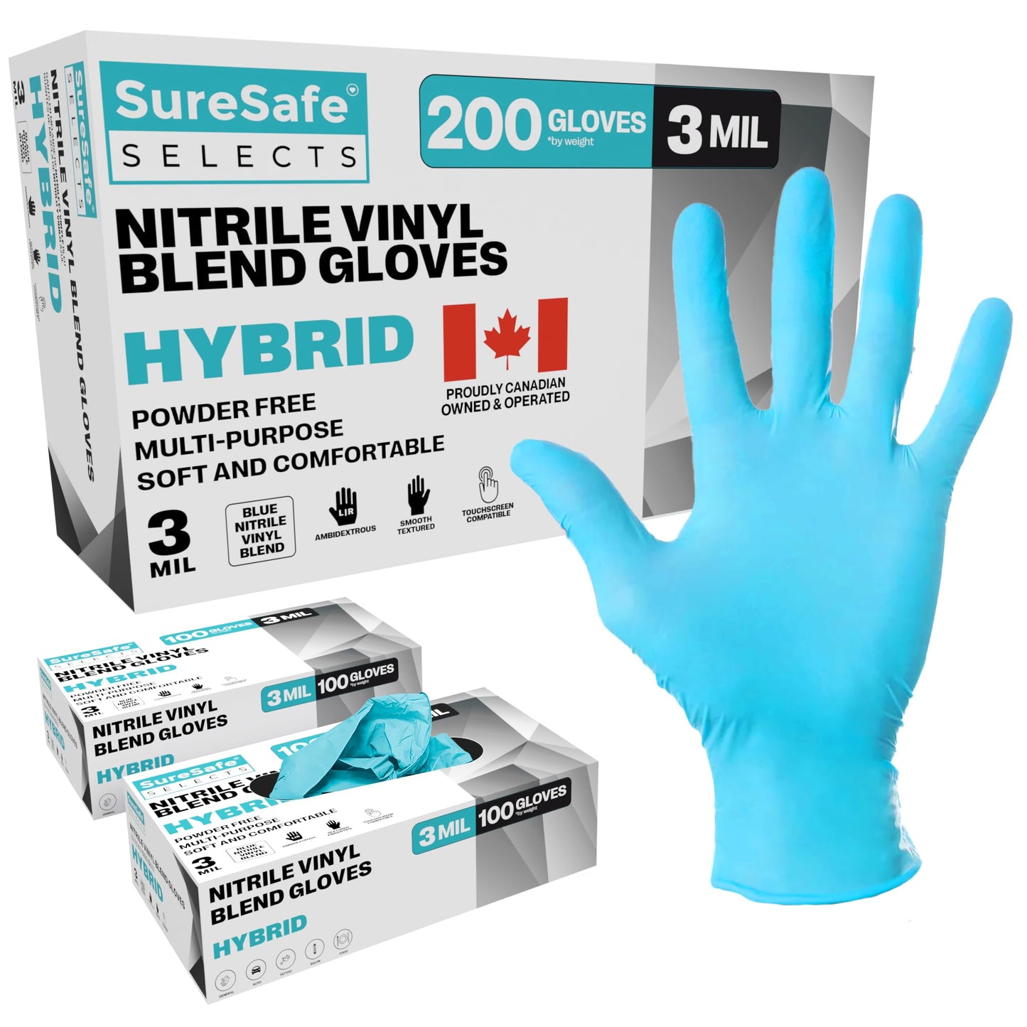 [200 Pack] SURESAFE 3 Mil Vinyl Nitrile Blend Disposable Gloves Medium, Power & Latex Free, For Food Prep, Drawing, Dishwashing, Hair Dye, Kitchen, Painters, Cleaning