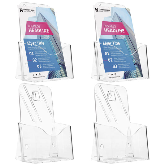 Acrylic Brochure Holder 8.5 x 5.5 Inches, 4-Pack Clear Plastic Display Stand for Half-Fold Flyers, Pamphlets, Menus, Trifold Literature, Wall Mount or Countertop Use