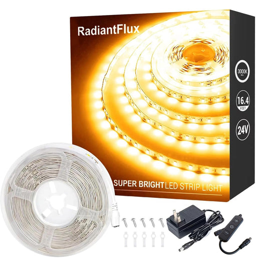 RadiantFlux Warm White Led Strip Lights for Bedroom, 16.4ft 300Leds, Dimmable,Flexible, Super Bright LED Tape Lights for Living Room, Kitchen, Vanity Mirro （Indoor Use）