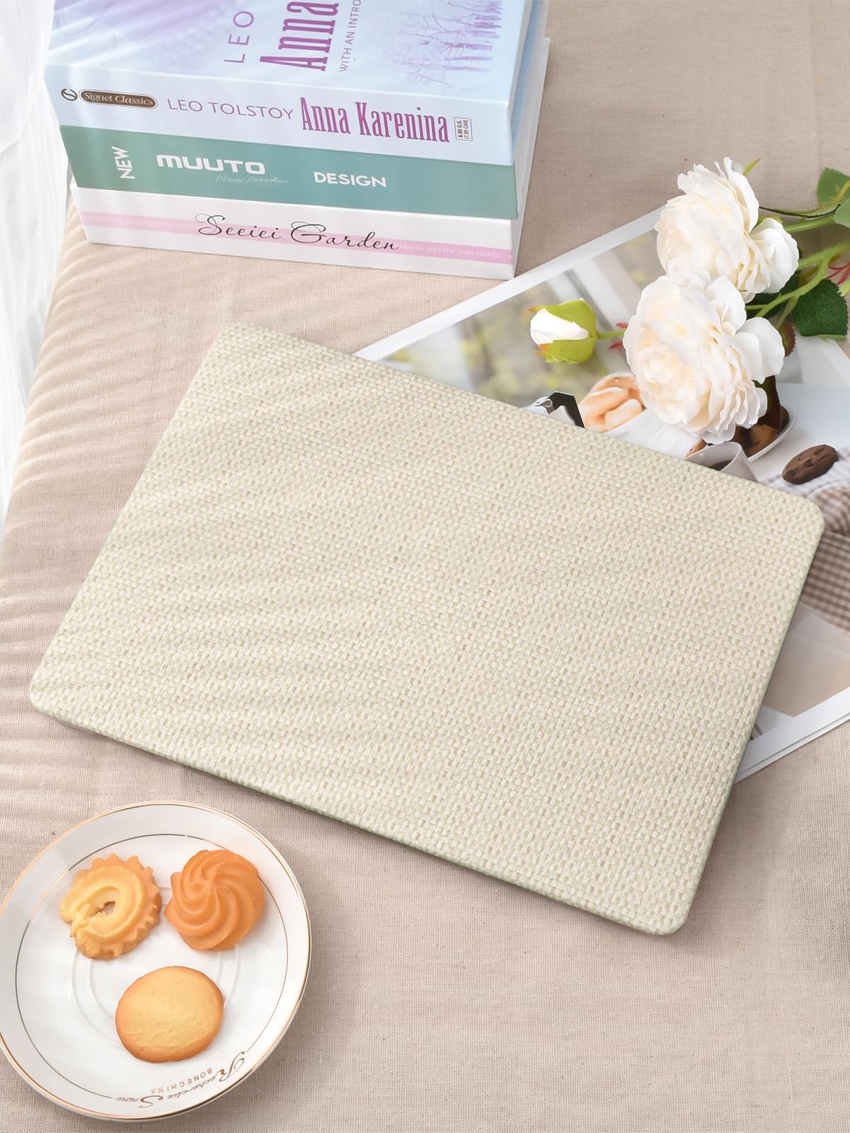 Seorsok Compatible with MacBook Air 13 Inch Case2022 2021 2020 2019 2018 Release A1932 A2179 M1 A2337 Touch ID,Elegant Leather Plastic Hard Shell Case Transparent Keyboard Cover,Beige Woven Fabric