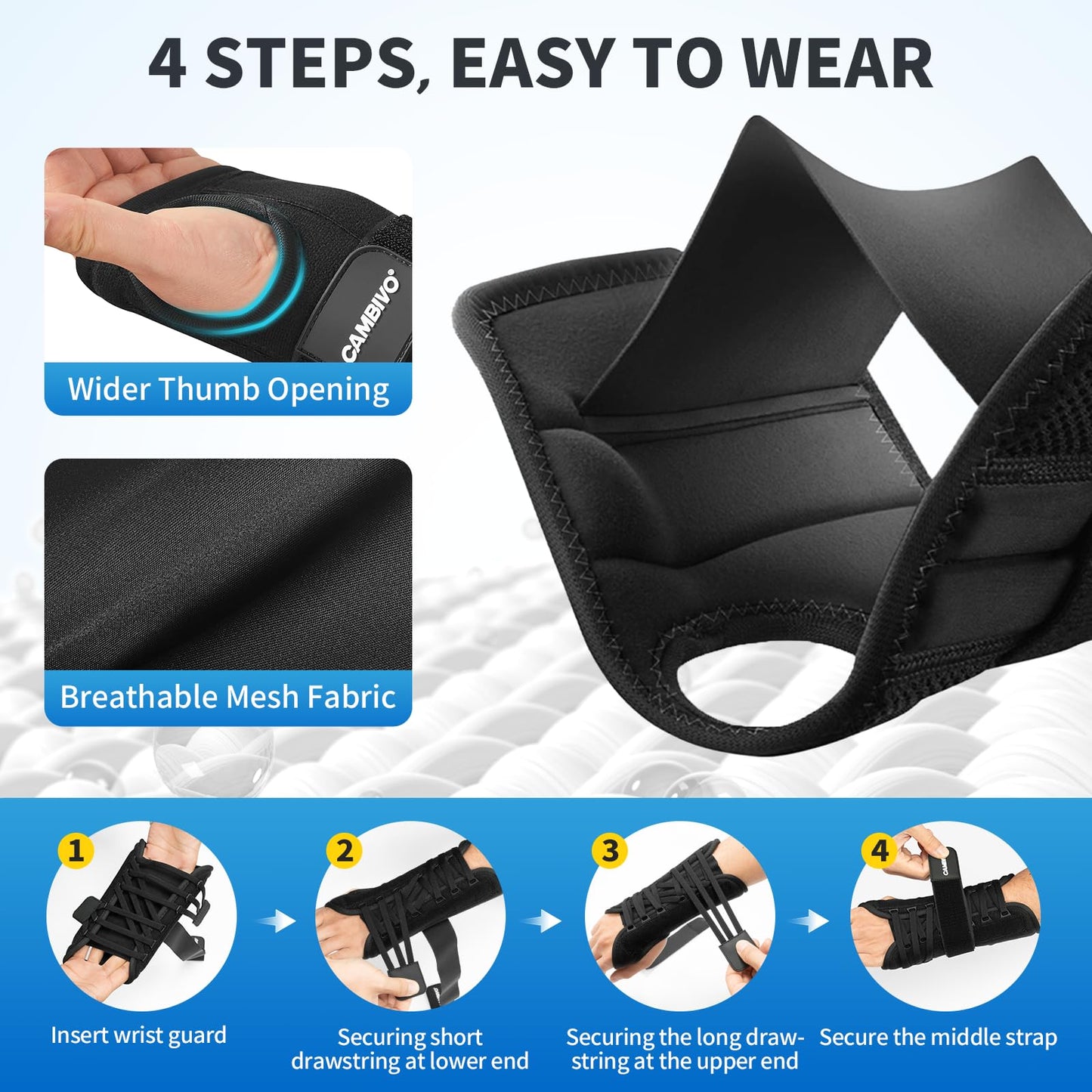 CAMBIVO Carpal Tunnel Wrist Brace, Wrist Support with Stable Wrist Splint for Hand, Adjustable Wrist Compression Sleeve for Tendonitis Arthritis Pain Relief, Sprained Wrist (WS40 S/M,Right Hand)