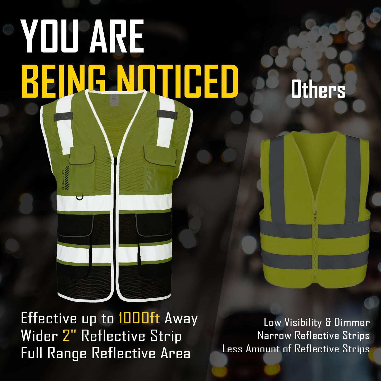 COOLJOB 9 Pockets Reflective Mesh Safety Vest for Men, Hi-vis Work Vest for Construction, Class 2 ANSI Standard, Yellow Large 1 pack