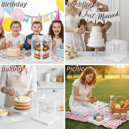 Cididu 6 Pcs Clear Cake Box with Ribbon 2-Layer 10x10x10 Inch, Transparent Cake Carrier Box with Lids, PET Tall Cake Packaging Boxes, Clear Gift Boxes for Birthday, Wedding and Festival Party