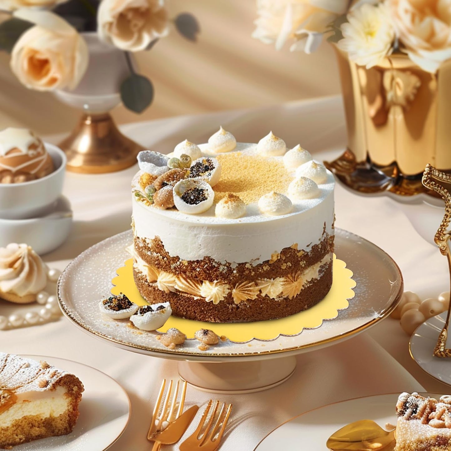 Worldity 30 Pcs Gold Cake Board, Sturdy Greaseproof Cake Circles Plate 8, 10, 12 Inch, Food-Graded Disposable Round Cardboard for Dessert Pizza Party Supplies Pizza Weddings Birthdays