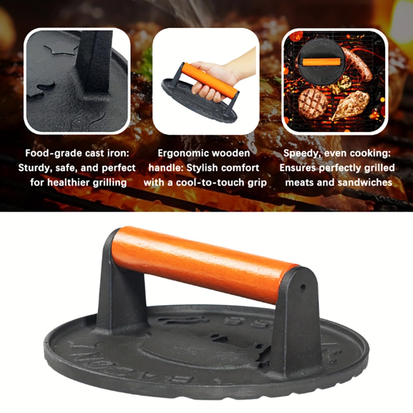 SanKonfu Bacon Press 2.5 lb Heavy Weight Cast Iron Burger Smasher Tool for Griddle,Grill,Skillet,Hamburger,Steak,Patty,BBQ,Sausage,Sandwich Maker,7.2 inch Round