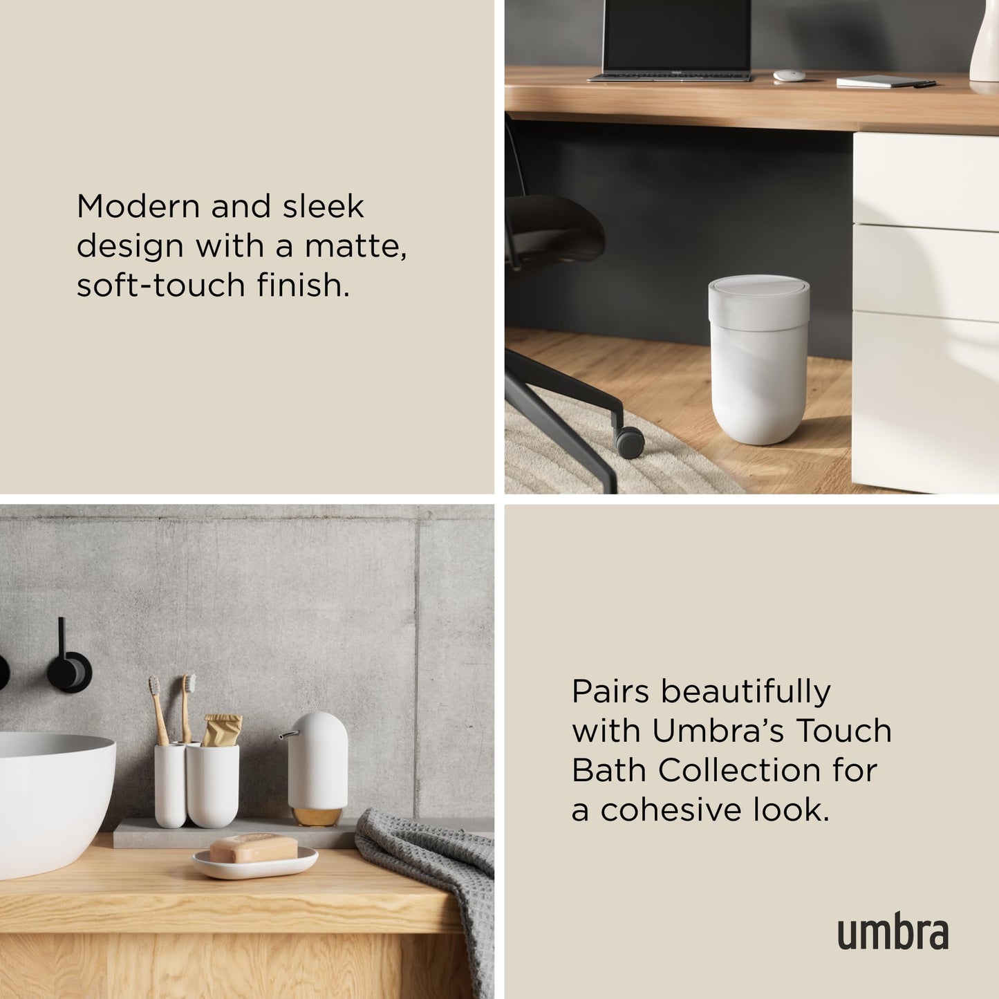 Umbra Touch Trash Can, Small 1.6-Gallon Garbage Bin with Swing Lid, Waste Basket for Bathroom or Office, White