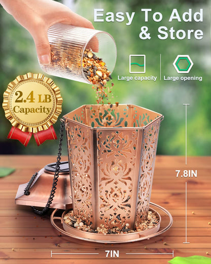 Solar Bird Feeders for Outdoors Hanging - Premium Grade Metal Bird Feeder, Chew-Proof, Weather and Water Resistant Wild Bird feeders, Outside and Garden Decoration