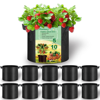 Remiawy Grow Bags, 10 Pack 5 Gallon Aeration Fabric Pots with Handles Reusable Heavy Duty Thickened Nonwoven Indoor Outdoor Garden Plant Containers for Growing Potatoes Tomatoes Plants and Vegetables