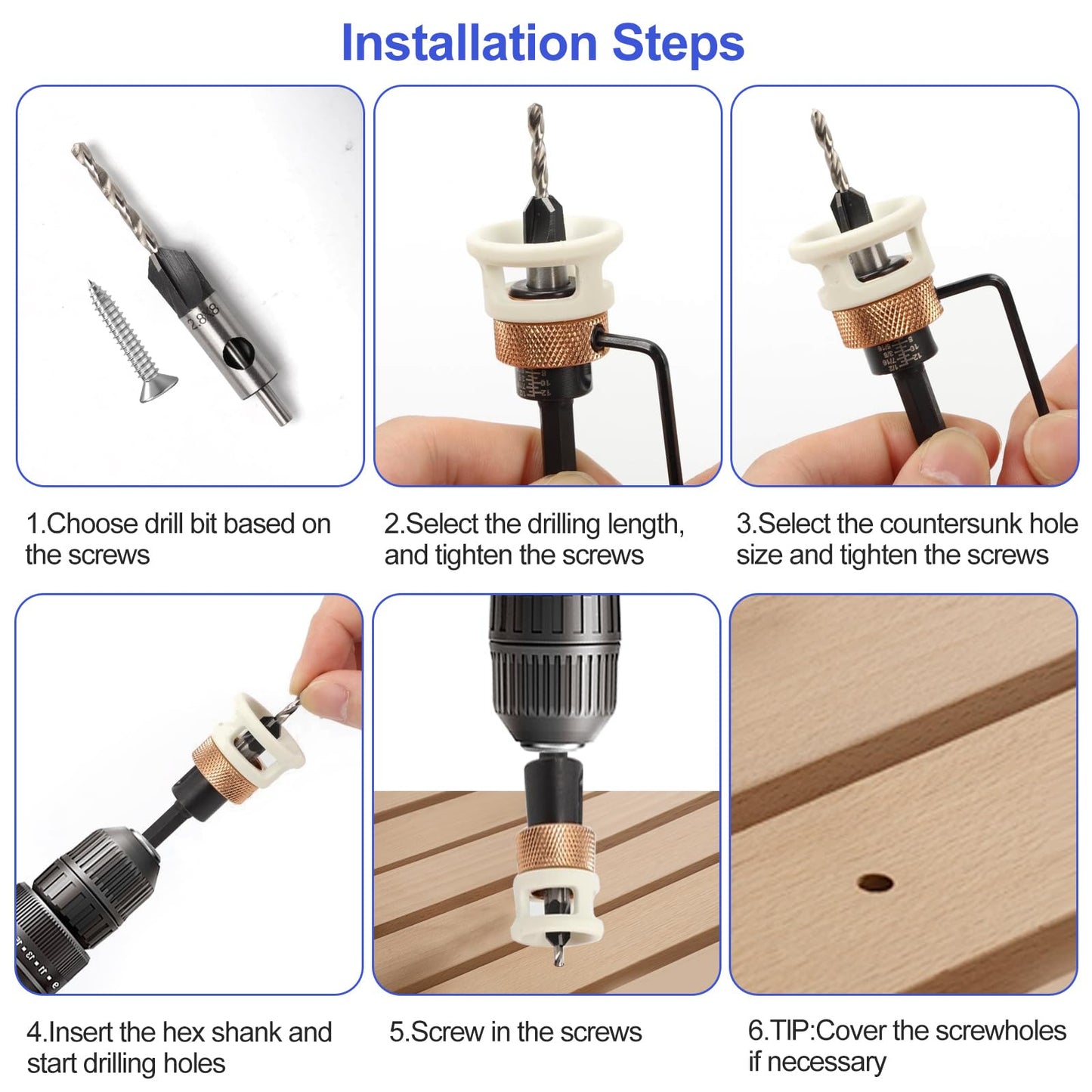 4PCS Countersink Drill Bit Set, Woodworking Countersink Drill Bit with Adjustable Depth Stop and Allen Wrenches, Quick Change Hex Shank Drill Bits Woodworking Tools 82-Degree Chamfer (A)