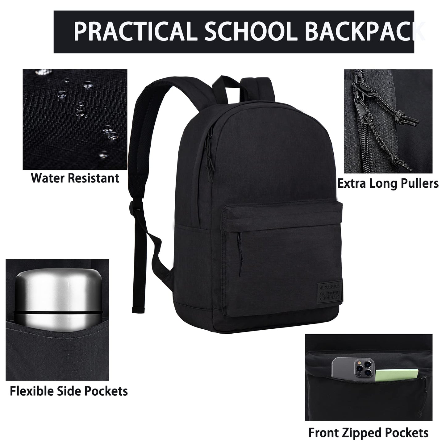 SUPACOOL Casual Laptop Backpack with USB Charging Port for Men and Women, School Bookbag for College, Lightweight Pack Back(Dark Black)