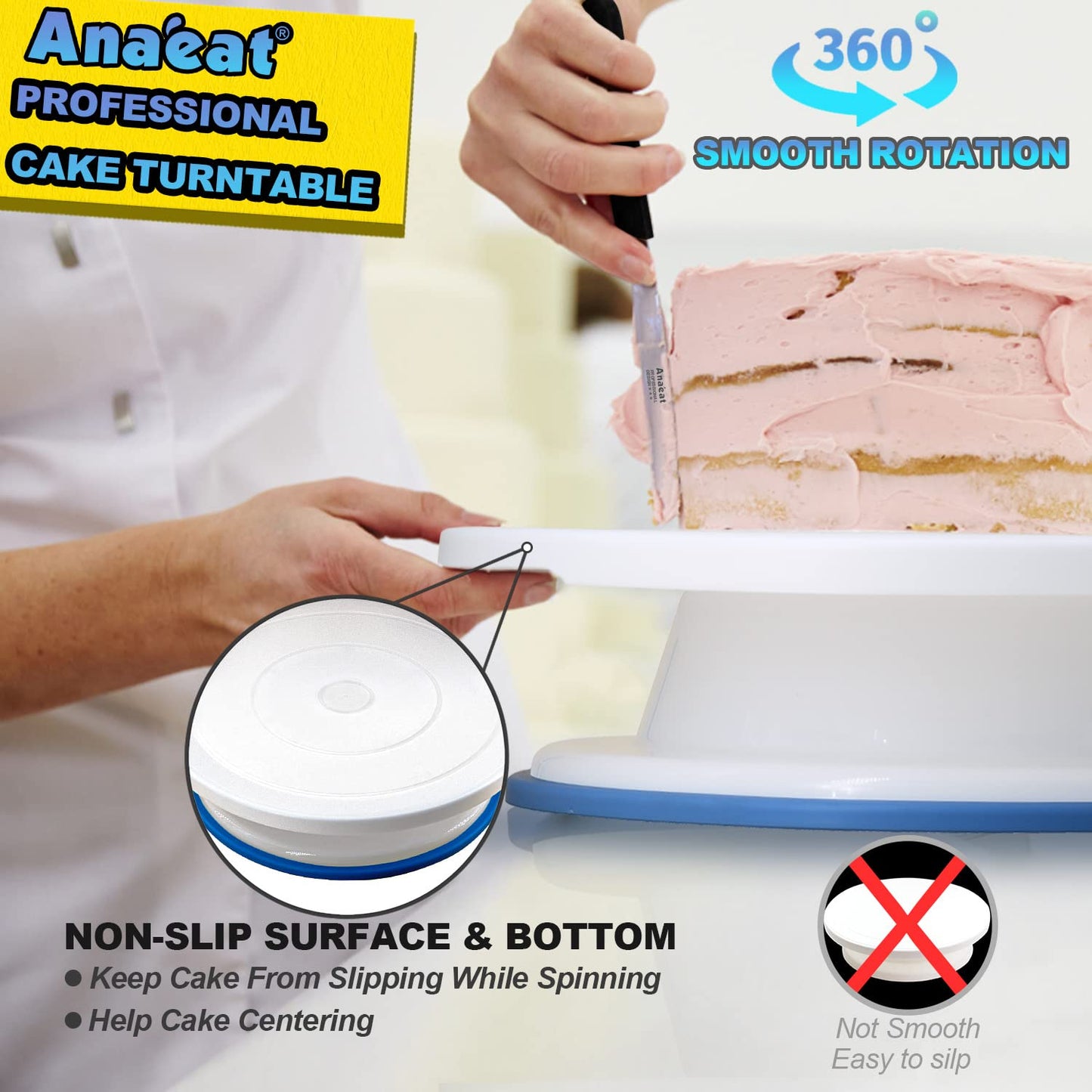 Anaeat 11 Inch Cake Decorating Kits, Revolving Cake Turntable Stand with 2 Icing Spatula and 4 Icing Smoother, Durable Cake Decorating Supplies, Baking Tool for Birthday & Anniversary - Cake Spinner