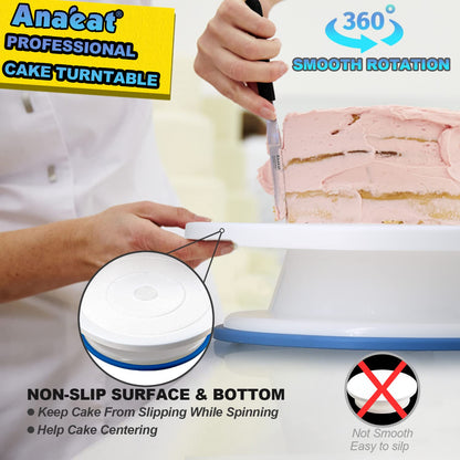 Anaeat 11 Inch Cake Decorating Kits, Revolving Cake Turntable Stand with 2 Icing Spatula and 4 Icing Smoother, Durable Cake Decorating Supplies, Baking Tool for Birthday & Anniversary - Cake Spinner