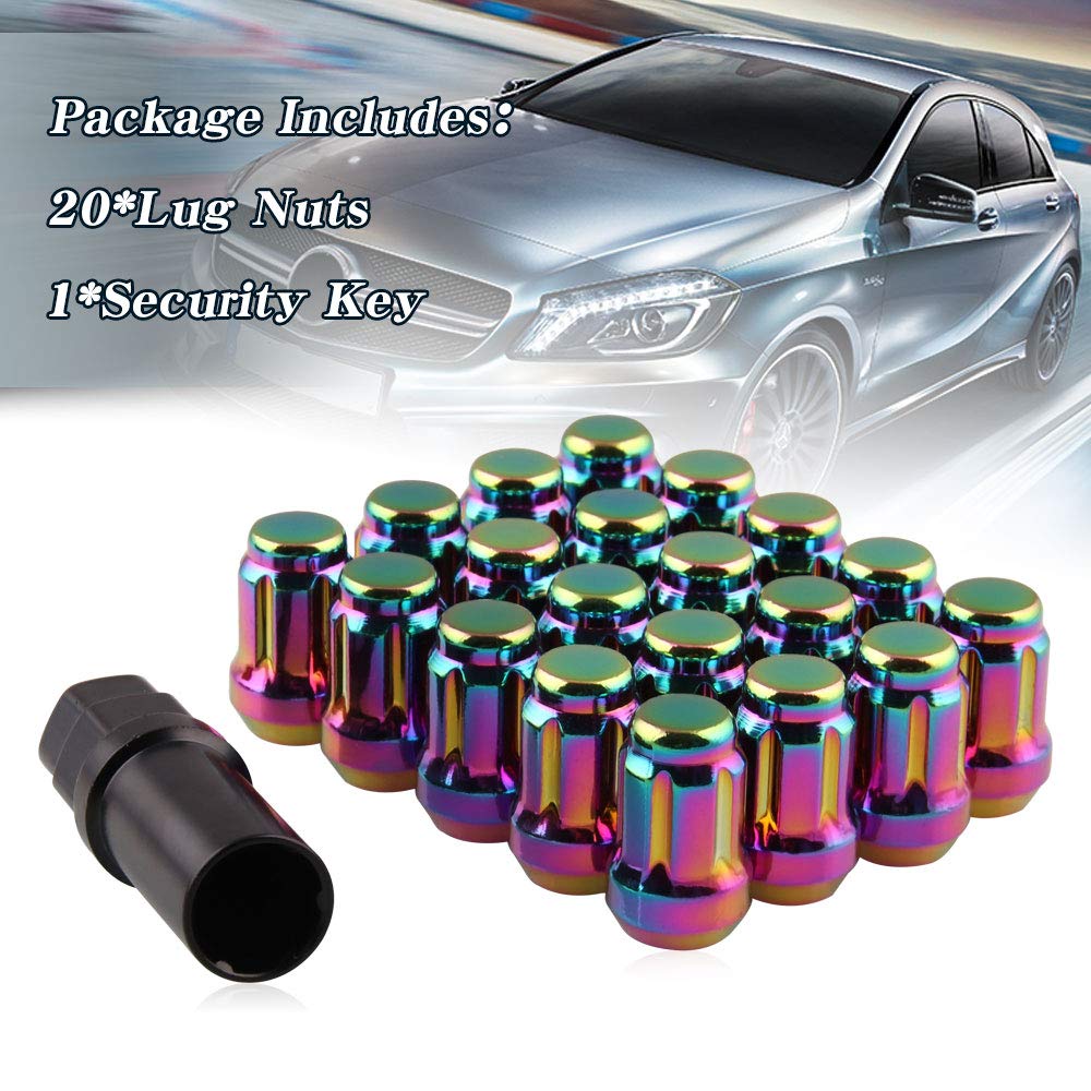 RYANSTAR Lug Nuts 20Pcs/Set M12*1.5 Hexagon Drive Acorn Lug Nuts Wheel Nuts + 1 3/4 inches 19mm and 21mm Hex Anti-Theft Socket Key, Colorful