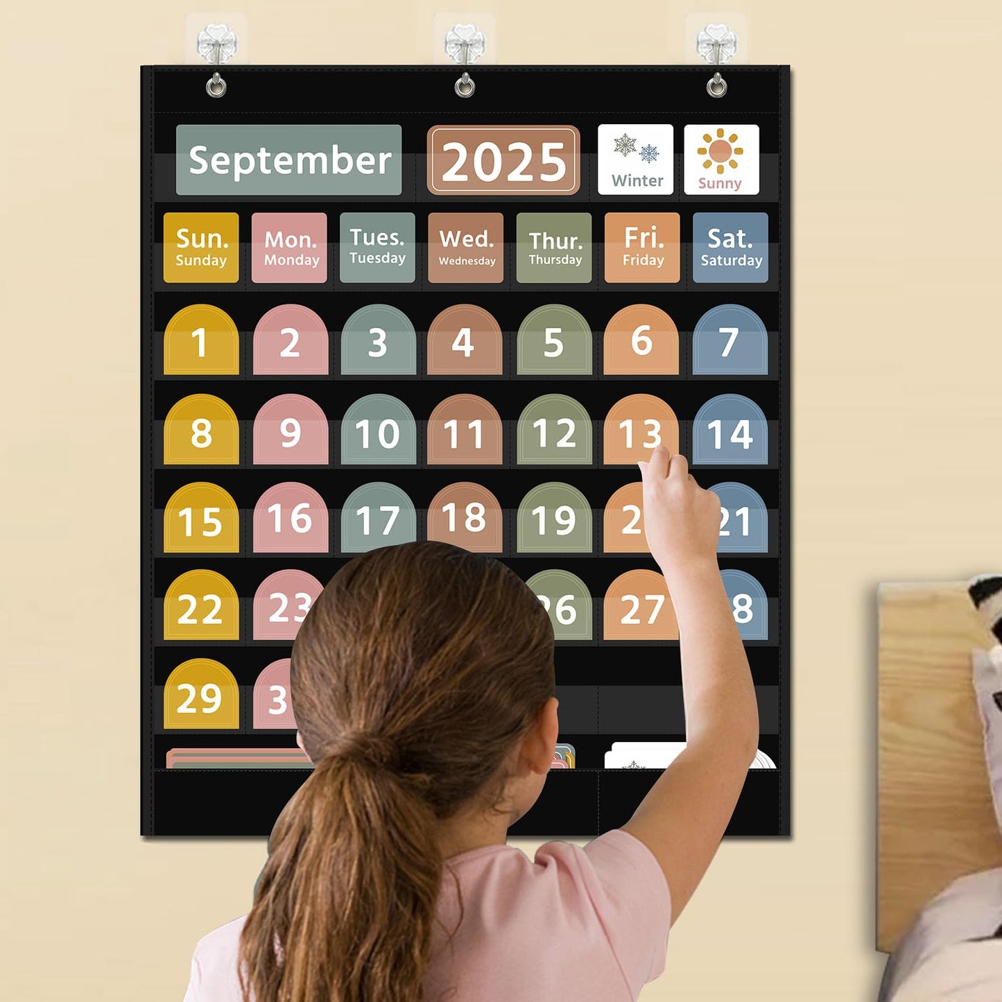 REGELETO Large Boho Calendar Pocket Chart with 96 Cards for Classroom, Size:32.25 x 24.125 inch Black Monthly Calendar and Weather Pocket Chart for Students Learning for Home or school.