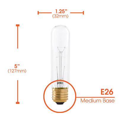 40 Watt T10 Clear Tubular Incandescent Light Bulb, 2700K Soft White, E26 Medium Base, 280 Lumens, 120V, (6 Pack)
