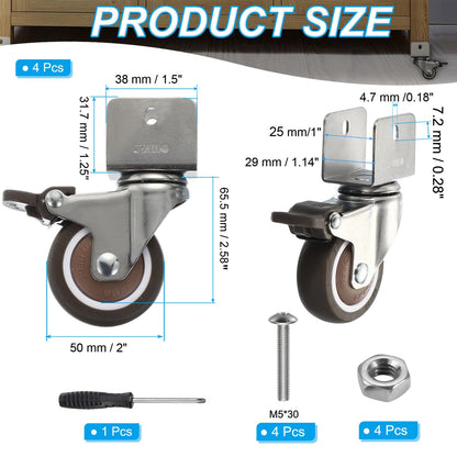 PATIKIL 2" Swivel Caster Wheels with 1" U Bracket, 4 Pack 360° Rotation Swivel Wheel with Brake Total Load 165lbs Locking Caster for Cabinet Furniture Table Replacement